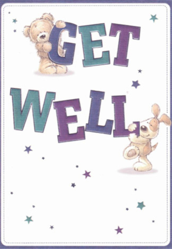 A celebration of gentle hope radiates from this get well card, echoing the kind of thoughtful kindness often found in Brentwood's vibrant community. At its heart, a joyful bear with soft, plush fur and a floppy-eared puppy share a moment of playful encouragement, surrounded by star-like shapes that swirl as if scattering wishes into the air. Sweeping, confident letters-bathed in dreamy shades of purple and aqua-anchor the scene with assurance, evoking the warm welcome of Brentwood's friendly high street shops. There is a remarkable tactility in the illustration; the bear's fluffy arms and the puppy's velvety ears invite the imagination to reach out, much as a fresh bouquet encourages gentle touch. This comforting card would be perfect alongside an arrangement from a local florist-perhaps delivered by Flowers Brentwood-to the doorstep of a friend or loved one recuperating near Thorndon Park. The whole composition radiates a blend of innocence and tender resilience, creating an atmosphere that soothes, encourages, and uplifts, regardless of the recipient's age or circumstances.