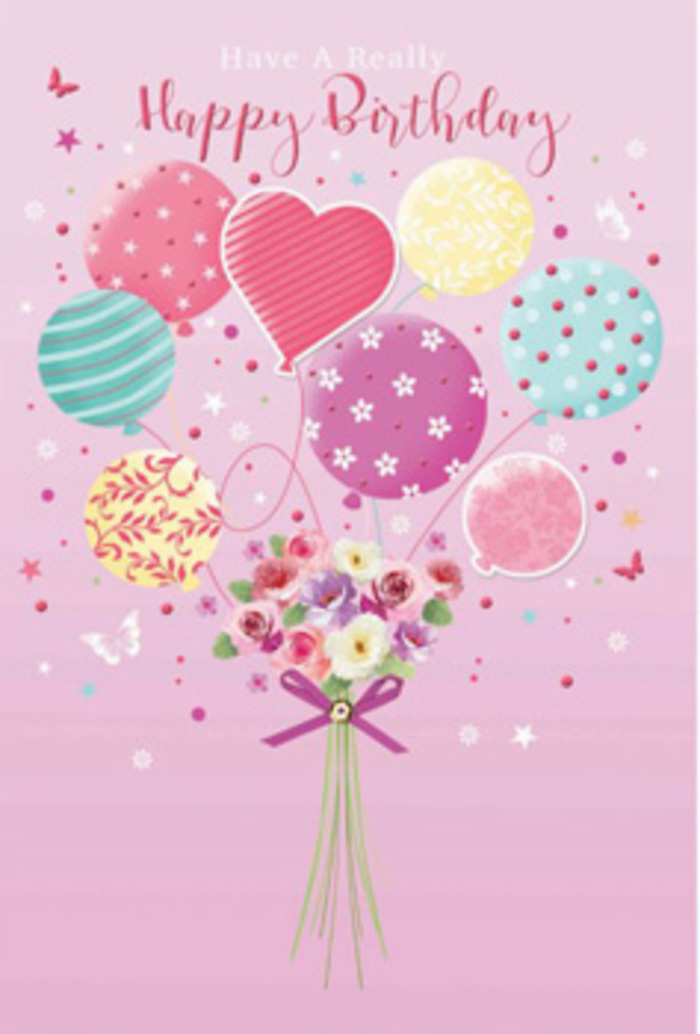Pastel-toned birthday card artwork depicting a cluster of balloons lifting a tender bouquet, with the kind of thoughtful detailing you'd expect from a seasoned florist in Brentwood. The background is a warm, soft pink wash, calm and reassuring, like an early morning haze above the tree line in Thorndon Country Park. From the middle of the design, a spray of balloons arcs upward, painted in tranquil shades of blush, minty sea green, pale lemon, and gentle lavender. Each balloon carries a unique decoration: some are wrapped with looping stripes that twist like curling ribbon, others are dotted with joyful polka dots or delicate floral patterns, and one prominent heart-shaped balloon sits near the centre, radiating affection. All their strings seem to be tied to a hand-tied bouquet resting below. The flowers include small roses and soft, daisy-like blooms, their petals layered and gently shaded from creamy ivory to rose pink and dusty mauve, suggesting fresh, fragrant stems just trimmed in a Brentwood workshop. A sparkling purple ribbon secures the bouquet, its satin texture catching small points of light that add refinement to the playful scene. Around the composition, stars, confetti-like specks, and a couple of fluttering butterflies drift as if carried on a light breeze, recalling a leisurely walk through the town's green spaces. This image draws the eye upward with a sense of hopeful movement, capturing the feeling that a birthday wish is literally floating skyward from Brentwood, carrying warmth and joy to someone cherished.