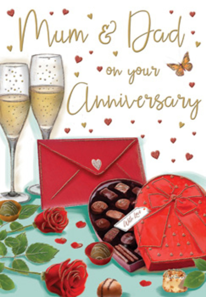 Warm, celebratory anniversary card illustration capturing the essence of roses, chocolates, and champagne arranged for a cherished Mum and Dad in Brentwood. In the foreground, two red roses lie in a relaxed pose on a neutral tabletop, their velvety petals richly coloured and softly curled, each bloom showing the fullness and care you would expect from a florist preparing a special anniversary bouquet near Brentwood High Street. Their stems are accompanied by glossy green leaves, providing contrast and a sense of freshness. Just to the side sits a heart-shaped chocolate box, finished in deep scarlet with soft gradients that suggest a satin sheen. A luxurious red bow decorates the lid, its loops structured yet flowing, implying meticulous wrapping. The box is open, revealing a tidy selection of chocolates in various rounded shapes, each piece nestled in its own little compartment and lightly catching the light. Behind this inviting pair of roses and chocolates rise two champagne flutes, tall and slim, their clear glass delicately reflecting warm highlights. Inside, pale golden champagne shimmers, with bubbles suspended mid-rise, capturing that expectant moment before a toast. All around, scattered gold and crimson hearts float across the background like confetti, weaving around the graceful, hand-lettered Mum & Dad message at the top of the composition. A rich red envelope lies nearby, its flap closed and its edges precise, suggesting a handwritten anniversary card brimming with memories and thanks. The entire image is suffused with soft, amber-toned light, giving a sense of comfort and intimacy, as though the scene has been set on a dining table in a Brentwood home ready for an evening of shared stories, laughter, and heartfelt celebration.