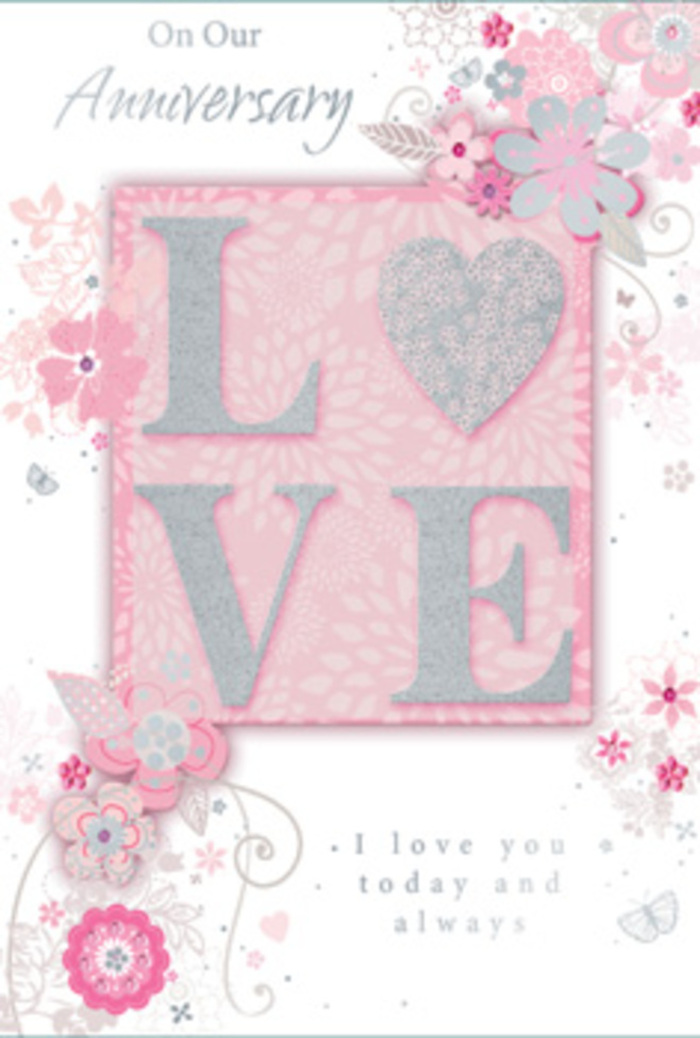 Viewed closely, this anniversary card feels like stepping into a sunlit, private moment in a Brentwood home where love is quietly celebrated every day. At the centre of the design, the word LOVE appears in elegant, frosted glitter print, each letter subtly raised so it catches the light in a playful yet refined way. The glitter shimmers in soft silvers and pearly whites, adding just enough sparkle to suggest joy without overwhelming the serenity of the scene. Surrounding the central motif, wispy, hand-drawn blossoms drift along the borders in the gentlest shades of pink, lilac, and creamy ivory. Their slender stems and leaves curl and twist in graceful arcs, reminiscent of the way a florist might weave delicate filler flowers around roses in a hand-tied bouquet destined for a Brentwood anniversary delivery. Filigree flourishes thread between the blooms-dainty leaves, slender tendrils, and tiny, almost-hidden butterflies that suggest the flutter of contented hearts. The background is a soft wash of blush pink, deepening slightly toward the edges, as if the card itself were suffused with warm afternoon light from a nearby window. Inside, the message I love you today and always rests in understated, elegant type, giving the words room to breathe and resonate. The experience of the card is as much tactile as visual: the raised glitter offers a delicate texture beneath the fingertips, while the surrounding card remains silky-smooth. Overall, the design feels like a hand-tied bouquet expressed in paper form-quietly beautiful, deeply personal, and perfectly suited to honouring an enduring love story in Brentwood.