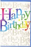 The scene shows a bold yet elegant birthday card, the sort you might find tucked beside a vase of bright flowers in a Brentwood townhouse. Dominating the design are the words Happy Birthday, written in large, friendly, rounded letters stretching across the card with an uplifting curve. Each letter shimmers with its own colour, but together they form a continuous rainbow gradient that journeys from rich red and warm raspberry through jewel-toned purples and midnight blues into clear turquoise and vibrant green, before dissolving into golden yellow and peach. The colours shift smoothly, calling to mind a row of party decorations fluttering in the breeze at a garden celebration near Thorndon Country Park. The text looks slightly glossy against the otherwise matte surface, giving it a polished, contemporary feel. Behind this colourful proclamation, the background is densely filled with tiny, looping gold handwriting, repeating Happy Birthday to you in a delicate pattern that covers the entire card. The script appears almost like a fine net of light, softly shimmering when it catches any glint, similar to how shop windows along Brentwood High Street sparkle under festive lights. A scattering of minuscule, colourful flecks adds a final festive note, suggesting confetti drifting across the design. There are no photographic elements-no pictures of cakes or balloons-just refined typography and metallic sparkle working together. The overall impression is one of cheerful sophistication, making this an ideal greeting to accompany a same-day flower delivery to Shenfield, Warley, or the surrounding Brentwood area, adding a vibrant yet tasteful flourish to someone's special day.