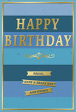 The birthday card pictured here combines a soothing palette of blues with shining gold accents, capturing a mood of relaxed celebration that fits effortlessly with the character of Brentwood. Its background is made up of generous horizontal stripes, each stripe a distinct shade of blue. Starting with deep navy at the top, the colours move smoothly down through denim, teal, and ocean tones before reaching a soft, powdery sky blue at the bottom, like watching daylight unfold over the rooftops near Brentwood High Street. In the centre of this layered backdrop, the words HAPPY BIRTHDAY appear in commanding gold capitals. The letters are embossed, giving them a slightly raised texture that stands out against the card's velvety surface. The metallic gold foil reflects light in subtle flashes, suggesting festivity without overwhelming the senses. Just beneath this main greeting is a golden flourish, a decorative scroll that adds a touch of traditional charm, linking the formal headline with the more personal message below. Under the flourish sit three slim gold banners, carefully stacked. Each banner carries a portion of a gentle prompt: Relax, have a great day and enjoy! The banners echo the shimmer of the main text but feel more intimate, almost like a quiet aside from a close friend. A fine gold border traces around the edge of the card, neatly framing the blues and golds within. The result is a card that feels composed, thoughtful, and quietly joyful, ideal to send alongside a bouquet arriving from Flowers Brentwood to a home near Shenfield or an office close to the station, inviting the recipient to pause and truly savour their birthday.
