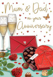 Tender anniversary card design portraying an intimate arrangement of gifts for Mum and Dad, imagined as a scene from a Brentwood living room after a family meal on Crown Street. At the centre of the illustration lie two striking red roses, placed gently on a smooth surface. Their petals are deeply layered and velvety, with subtle highlights along the edges that make them seem almost touchable, while rich green leaves frame the blooms with a fresh, natural curve. To one side, an open, heart-shaped box of chocolates adds a sense of indulgence. The box itself is coloured in luxurious shades of crimson, topped with an elegantly tied red bow whose ribbon appears soft and slightly satiny. Inside, neat rows of chocolates fill the box, each piece rounded or slightly squared, with a delicate shine that suggests creamy centres. Just beyond, two slender champagne flutes stand close together, each filled with a golden sparkling drink. Tall and graceful, the glasses catch hints of surrounding light, and the tiny bubbles rising inside them hint at the sound of an imminent toast. Scattered across the background are small hearts in gold and rich red, some clustering around the gently scripted Mum & Dad inscription at the top, lending a playful yet heartfelt atmosphere. A deep red envelope rests nearby, its smooth surface and secure flap suggesting a personal message tucked inside, ready to be opened. Soft, warm lighting unifies the reds, golds, and greens, wrapping the whole composition in a glow that feels both celebratory and reassuring, like an evening spent reflecting on years of shared love and family moments in Brentwood.